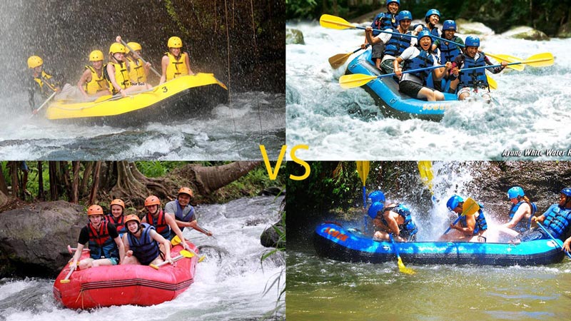 Grup rafting di sungai Bali dengan perahu kuning dan perahu merah melawan grup dengan perahu biru di sungai lainnya