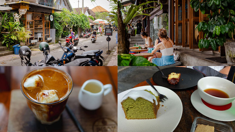 Kolase tempat nongkrong di Ubud: jalanan, Seniman Coffee Studio, es kopi latte, dan kue hijau