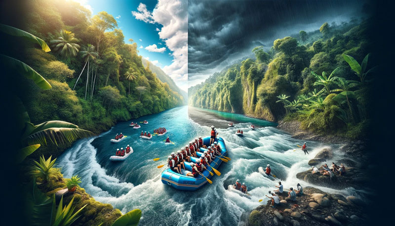 Rafting di Bali selama musim kering dengan langit cerah dan musim hujan dengan arus kuat