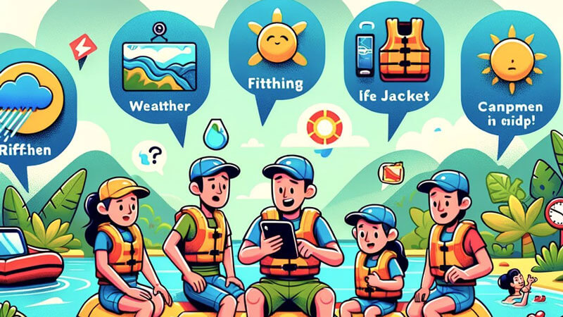 Ilustrasi kartun FAQ rafting di Bali dengan karakter yang menampilkan kegiatan terkait keselamatan dan kondisi cuaca. Tips Rafting Untuk Pemula