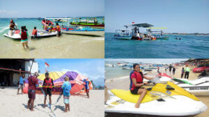 Kumpulan aktivitas water sport seperti Jet Ski, parasailing, dan perahu tradisional di Pantai Tanjung Benoa, Bali