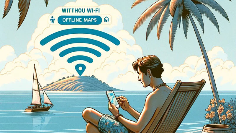 Ilustrasi Wisatawan sedang digital detox di Bali Timur dengan ponsel dan peta offline, tanpa Wi-Fi, menikmati kedamaian alam Bali.