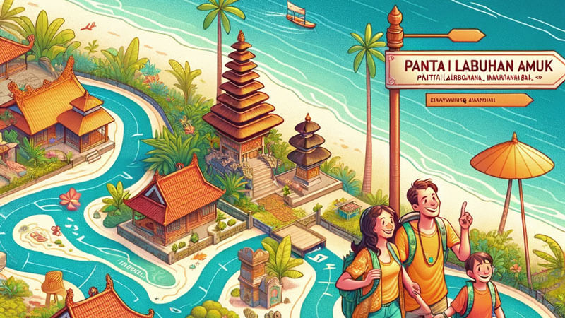 Peta ilustrasi keluarga menuju Pantai Labuhan Amuk, dengan tampilan Google Maps, tanda jalan, dan interaksi dengan penduduk lokal.