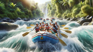 Grup wisatawan rafting di Bali menavigasi jeram kelas tinggi