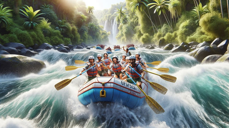 Grup wisatawan rafting di Bali menavigasi jeram kelas tinggi. Panduan Klasifikasi Tingkat Kesulitan Jeram Sungai