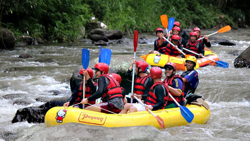 Kelompok wisatawan sedang menikmati rafting di Sungai Ayung dengan Payung Rafting Ubud, menunjukkan keseruan dan kerjasama tim.