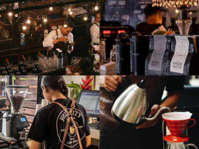 Montage tempat kopi top Seminyak dengan barista, kantong kopi, dan proses pembuatan.