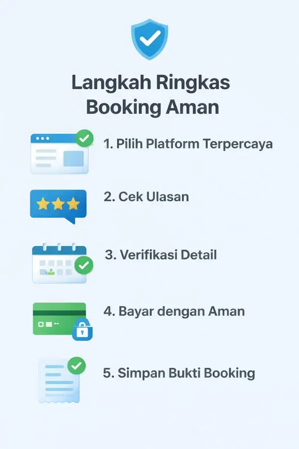Infografik langkah ringkas booking aman: cek ulasan, verifikasi detail, bayar aman, simpan bukti.