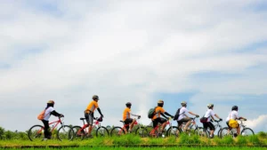 Keluarga menikmati liburan di Ubud dengan bersepeda di area pinggir sawah.