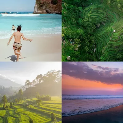 Pemandangan indah Bali dengan pantai dan sawah terasering.