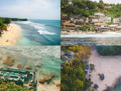 Kolase pantai romantis di Bali untuk honeymoon, termasuk Jimbaran, Padang Padang, dan Balangan.