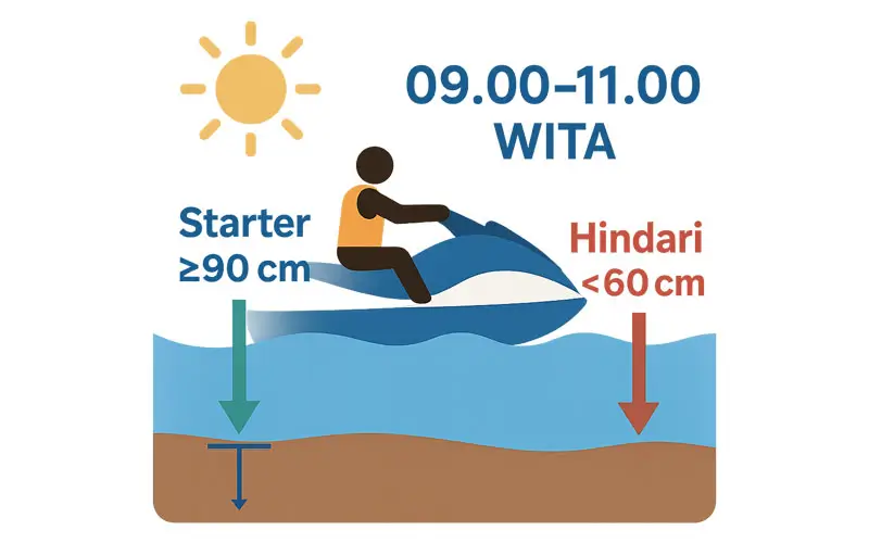 Kedalaman aman jet ski: starter ≥90 cm, hindari <60 cm, waktu 09.00–11.00 WITA