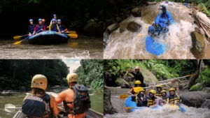 Kolase aktivitas rafting di Sungai Ayung Ubud saat musim hujan dan kemarau