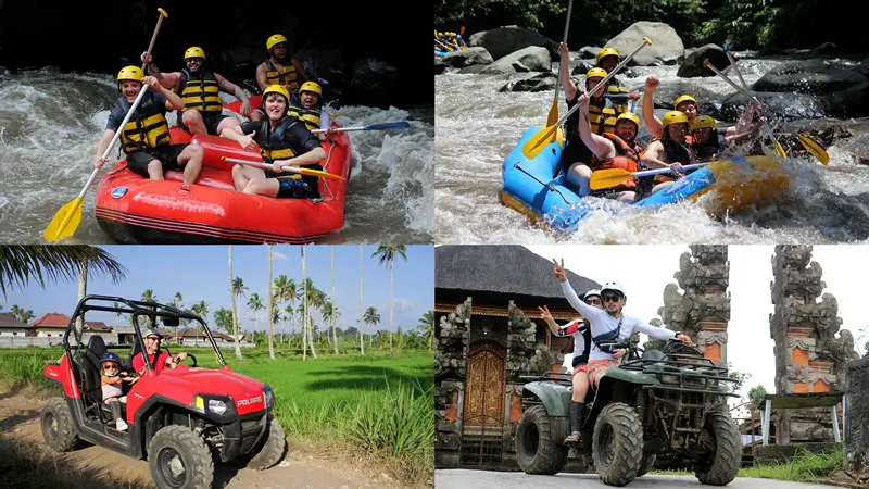Peserta tur petualangan mengendarai ATV setelah arung jeram