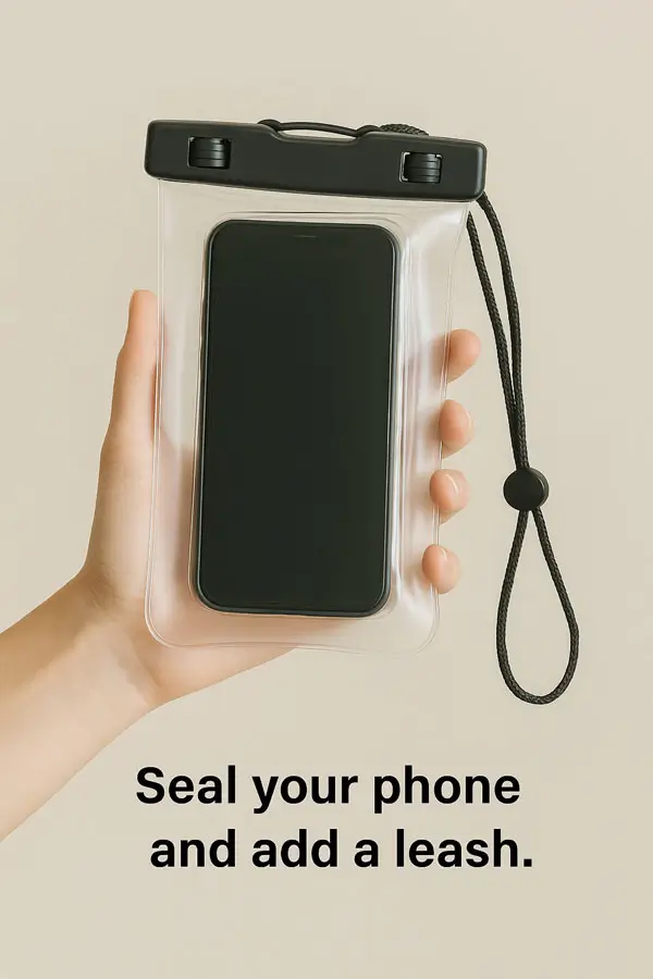 Pouch kedap air berisi ponsel dengan tali pengaman