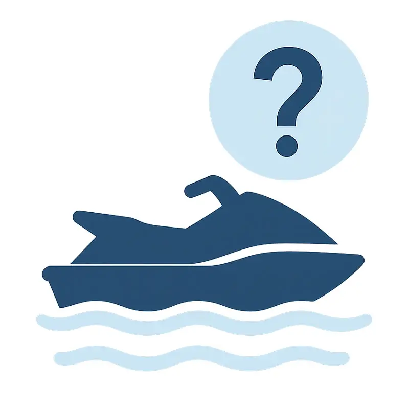 Ikon FAQ jet ski di air tenang, penanda pertanyaan lokasi jet ski Bali