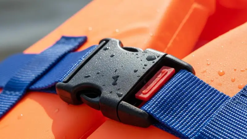 Gesper life jacket terkunci rapat dengan strap basah; contoh penguncian benar