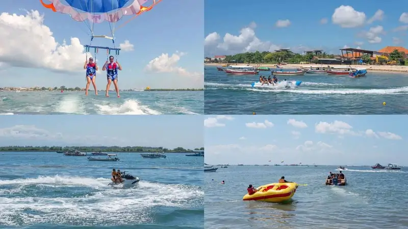 Kolase 4 aktivitas: parasailing, banana boat, jet ski, donut ride