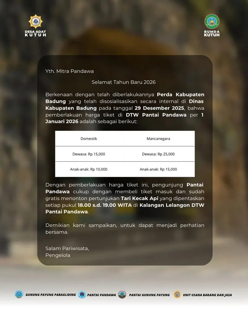 Pengumuman tiket DTW Pantai Pandawa 2026 + Kecak 18.00-19.00 WITA gratis