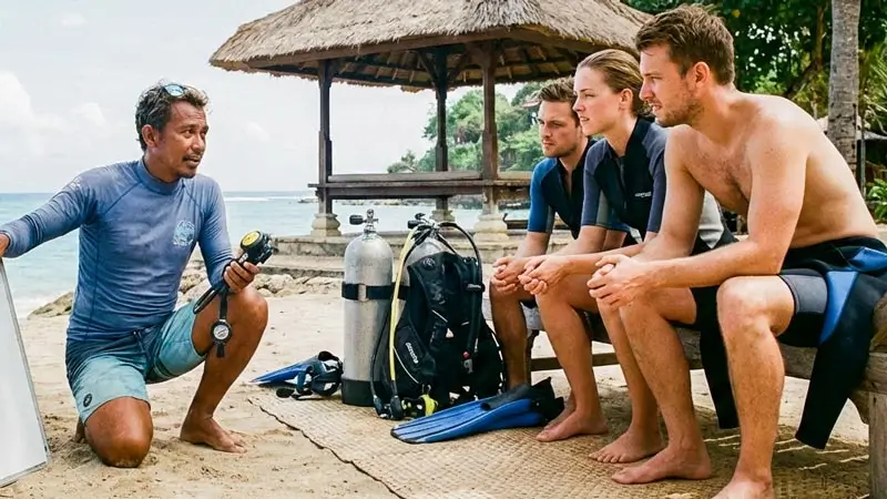 Briefing intro scuba Tanjung Benoa untuk pemula sebelum masuk air
