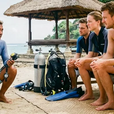 Briefing intro scuba Tanjung Benoa untuk pemula sebelum masuk air