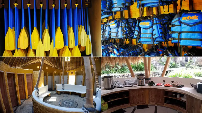 Perlengkapan rafting, shower, dan area makan di base camp