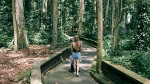 Keluarga dengan stroller di jalur teduh untuk destinasi ramah anak di Ubud